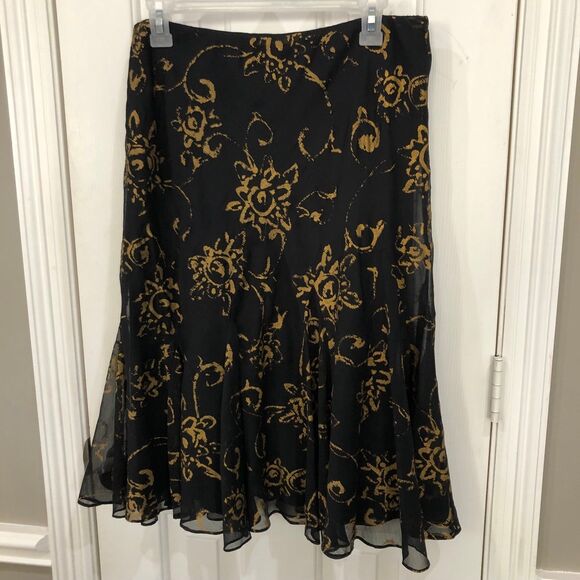 Lauren Ralph Lauren Black & Gold Floral Chiffon Circle Midi Skirt Office Size M - Picture 1 of 6